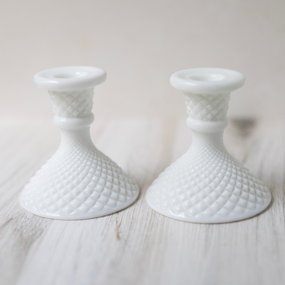 Westmoreland Diamond English Hobnail White Milk Glass Candle Holders One Pair